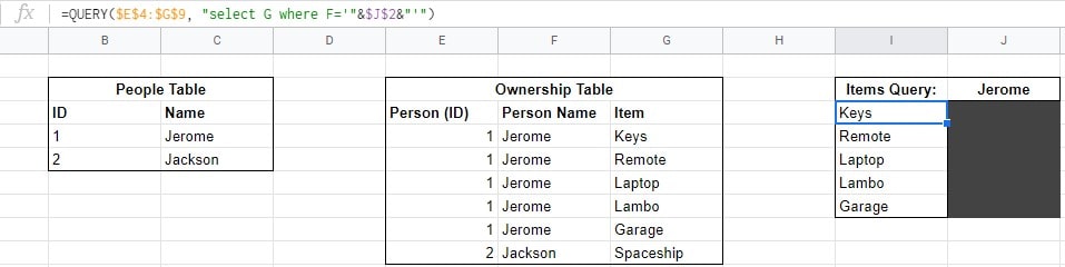 Google Sheets Table Example of Item Ownership Tables and Query