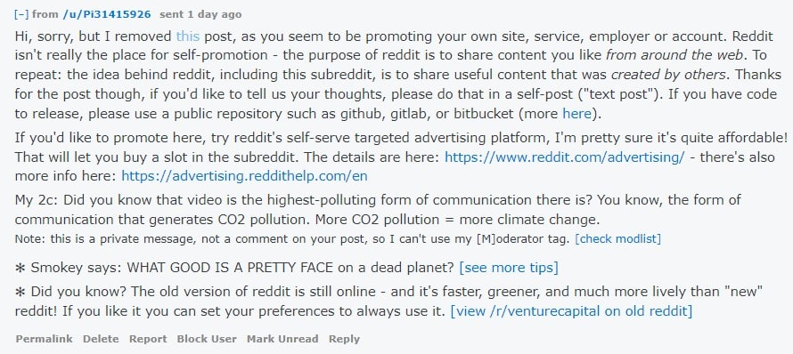 Message from r/venturecapital moderator removing post of SwitchUpCB