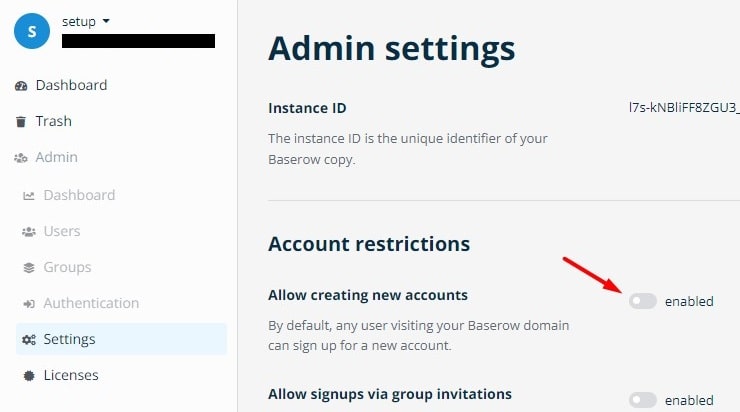 Baserow Disable Account Signup Steps